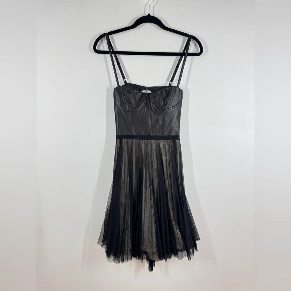 Alice + Olivia Leather Tulle Dress Black Fit Flare Party Mini Size 6 Dark Goth - Picture 2 of 15